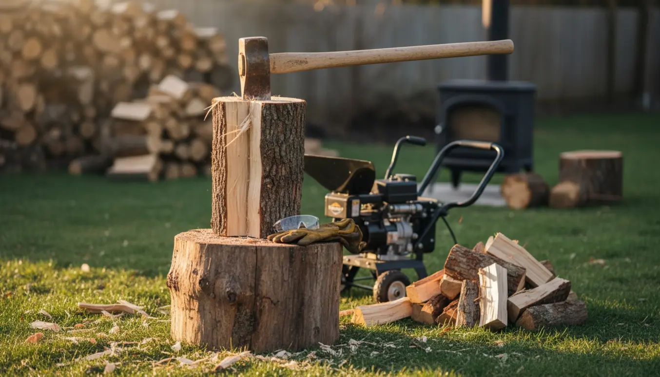 Kløveklods med en økse stukket i et stykke brænde, omgivet af nysplittet brænde og træspåner.