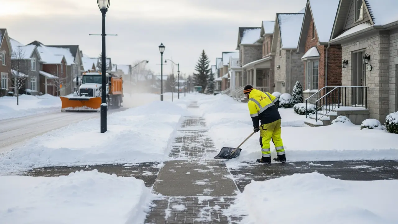 Boliggade med ryddede fortove, sneskovl og en snerydningsplov i baggrunden