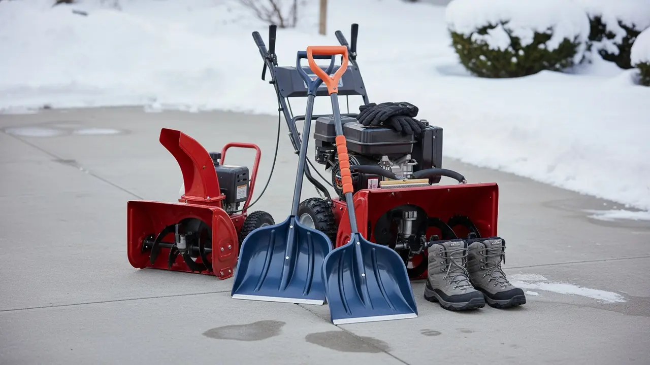 Forskellige snerydningsredskaber lagt op på indkørsel: skovle, sneblæsere, isskraber og vinterstøvler