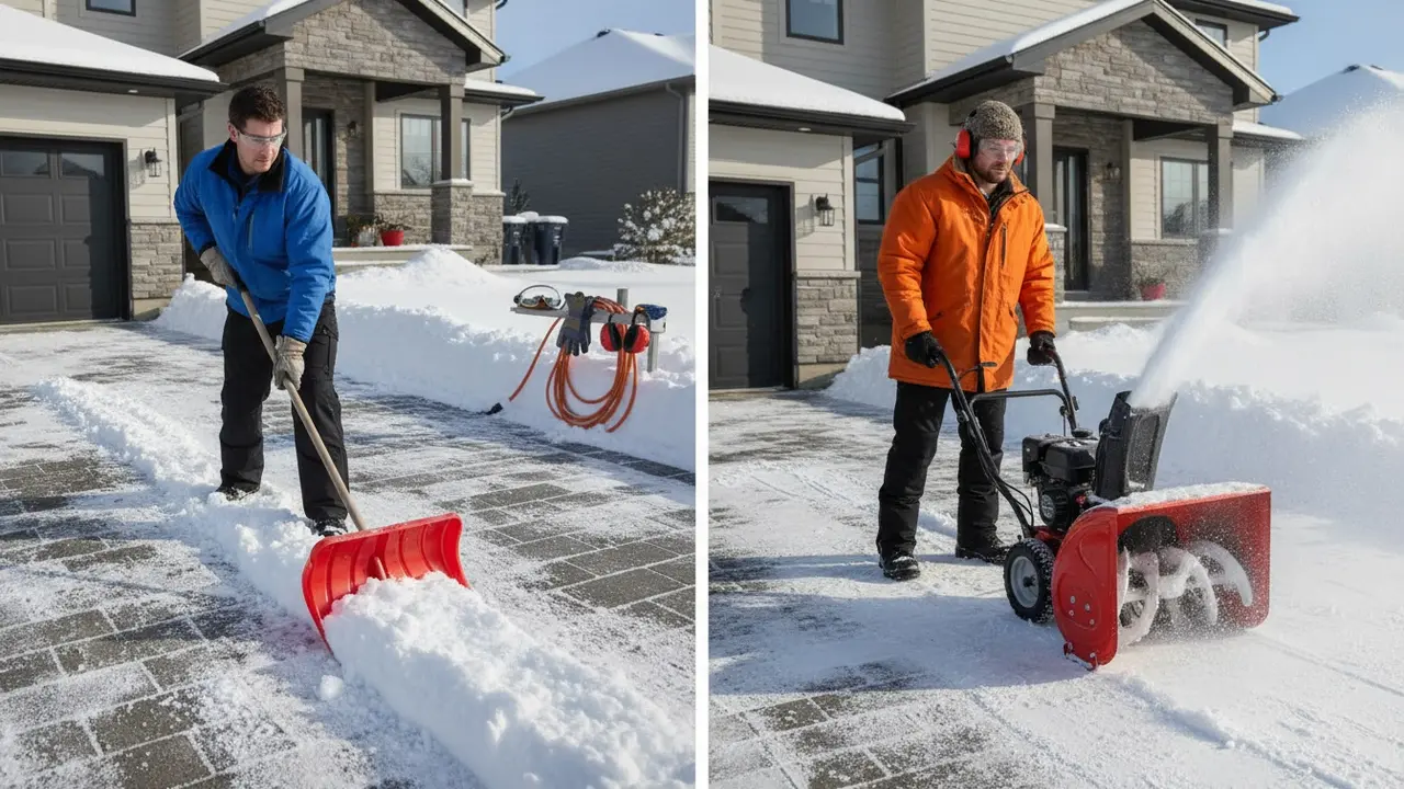 Splitbillede: korrekt skovleteknik med ergonomisk holdning og brug af sneblæser med beskyttelsesudstyr