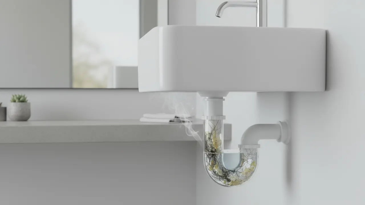 Tværsnit af vaskes afløb med hår, sæberester og vandlås synlig