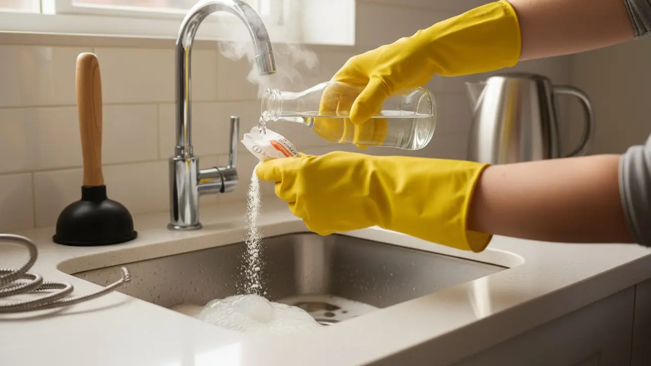 Hænder med gummihandsker hælder bagepulver og derefter eddike i køkkenafløbet