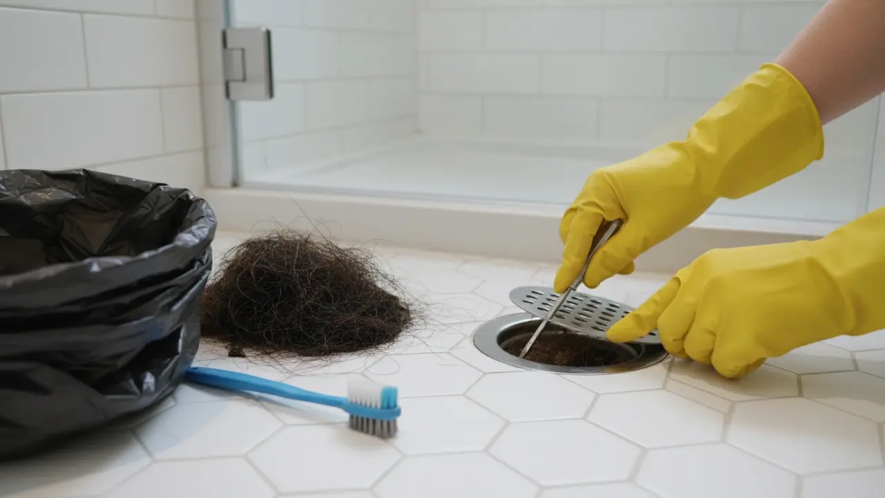 Person med gummihandsker fjerner rist og tager hår og slam ud af bruseafløb