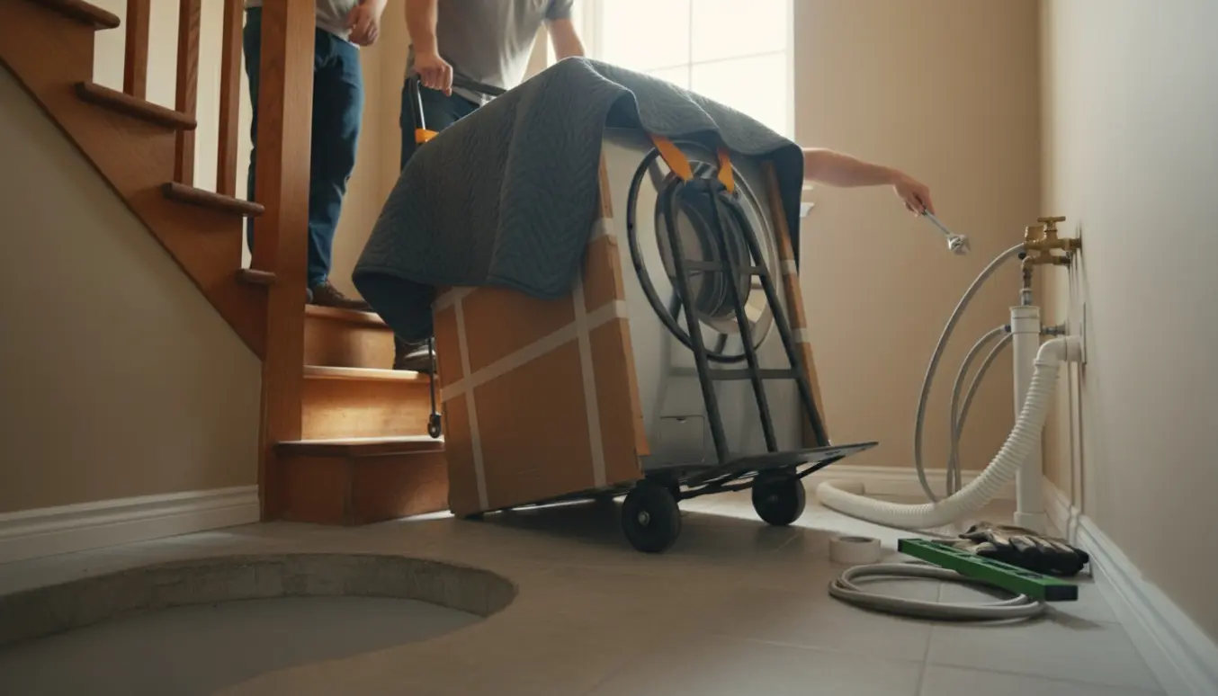 En vaskemaskine bliver flyttet op ad en trappe og tilsluttet til vand- og afløb på 1. sal.