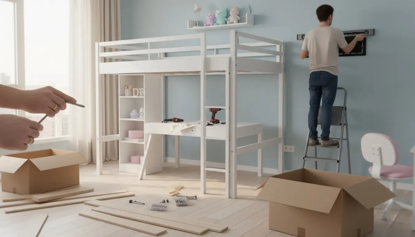 Højseng med skrivebord under samling og ophængning af TV i et børneværelse.