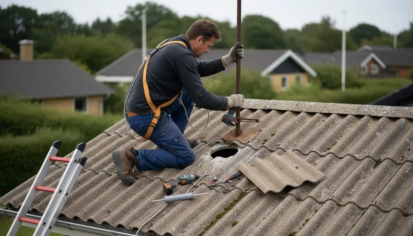 Håndværker fjerner antenne fra behandlet bølgepladetag og lapper hullet med tætning.