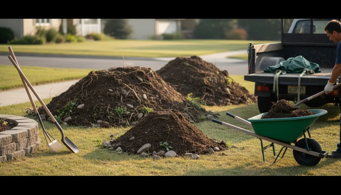 Tre jordbunker med rødder og små planter ved fortovet, klar til bortkørsel med trillebør og skovl.