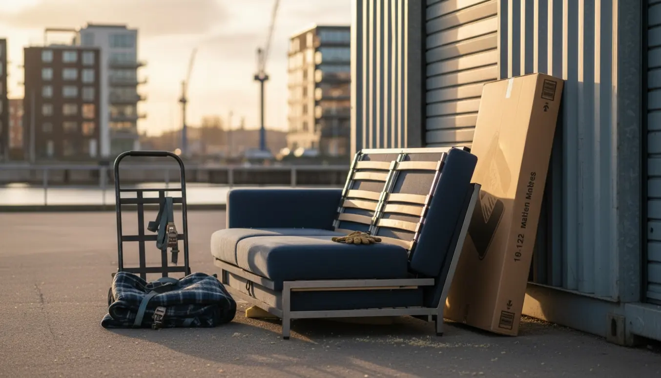Adskilt sovesofa og boxmadras placeret ved en boxstation ved Nordhavn.