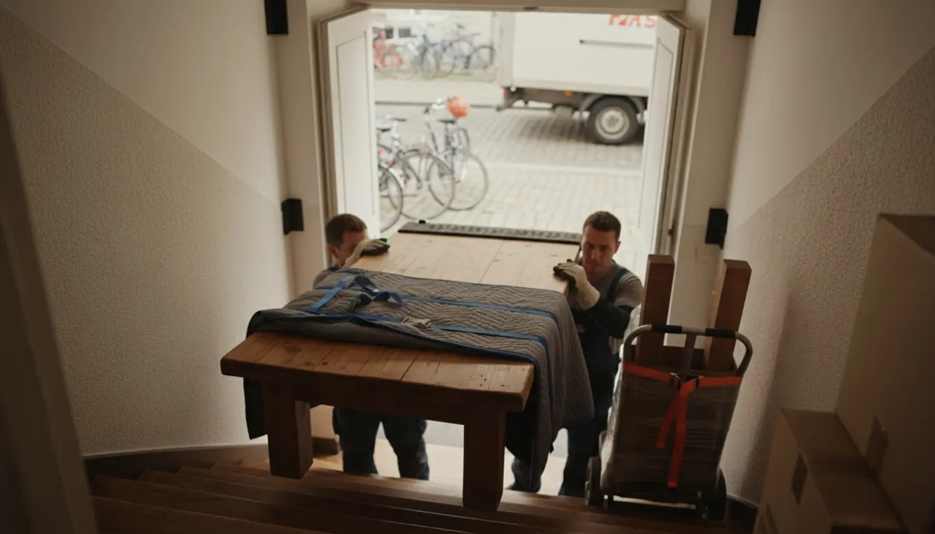 Tungt sofabord bæres ned ad en smal trappe af flyttefolk med tæpper og dolly mod depotet i stueetagen.