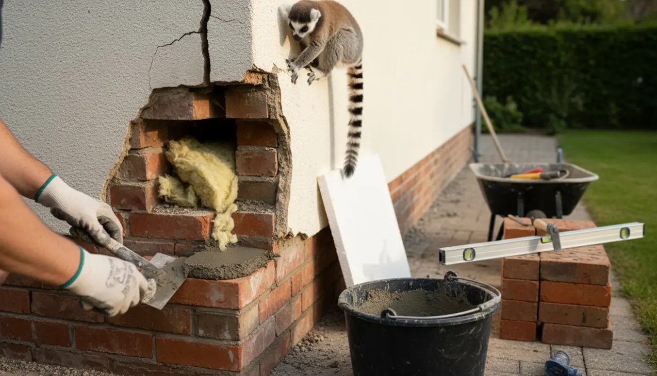 Hjørnet af et hus med revnet mur, nye mursten, mørtel og tør isolering klar til genopbygning.