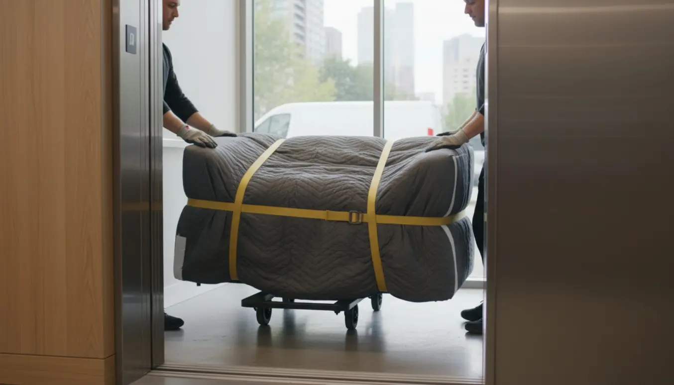 To indpakkede sofaer bæres ind i en lejlighedselevator ved siden af en parkeret flyttevogn.