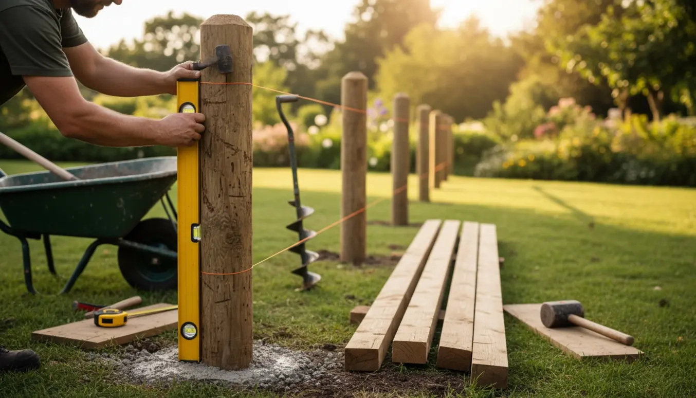 Håndværker fra siden opsætter raftehegn i en solbeskinnet have med træpæle, skovl og vaterpas.