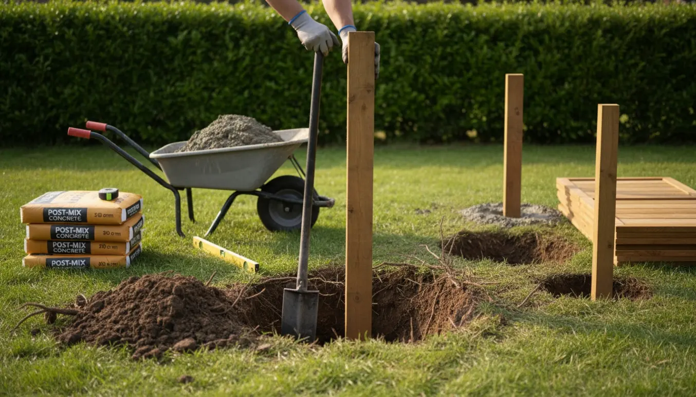 Modulhegn opsættes ved en klippet hæk med pæle, betonposer og værktøj i baghaven.