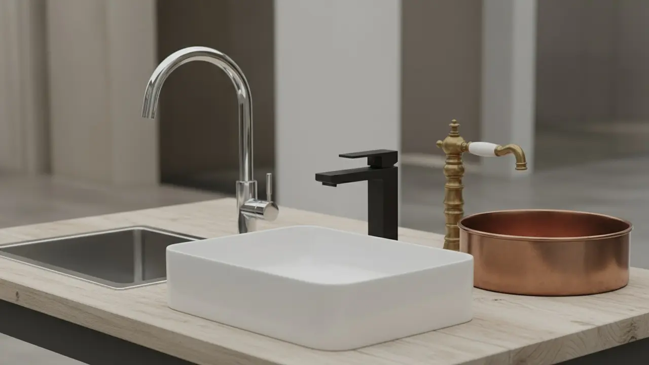 Udvalg af moderne og klassiske armaturer og håndvaske vist på en udstilling.