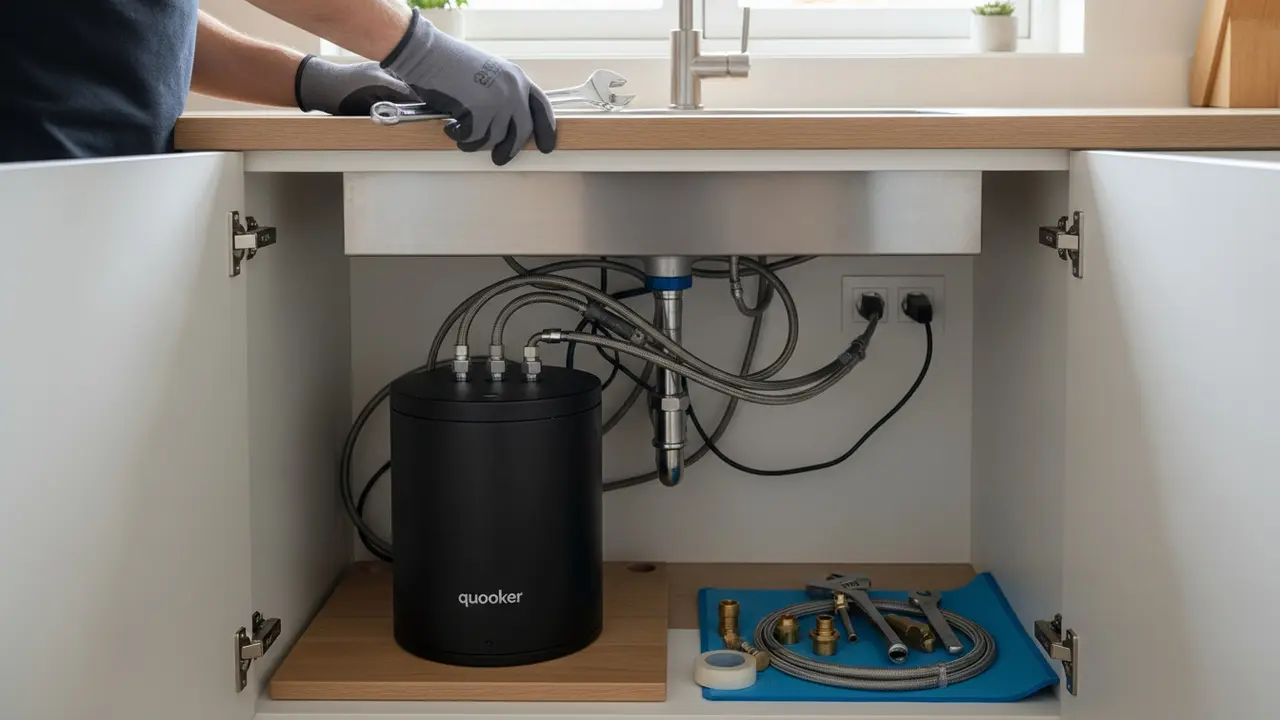 Quooker-hane monteret i køkken med tank under vask og VVS-installatør ved tilslutninger.