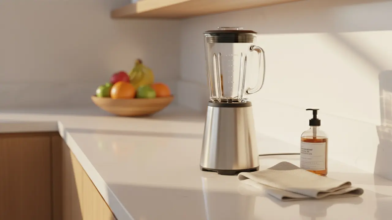 Ren blender på køkkenbordet med klud og opvaskemiddel i baggrunden.