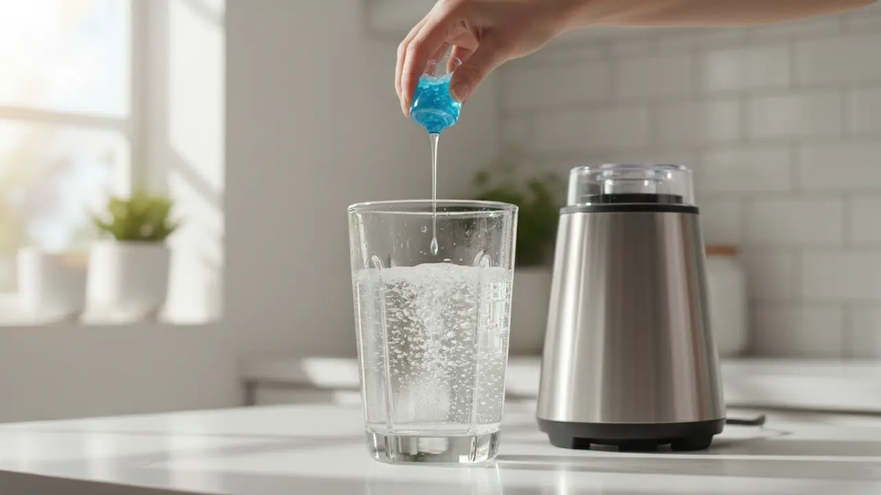 Person hælder en dråbe opvaskemiddel i blenderkande med varmt vand.