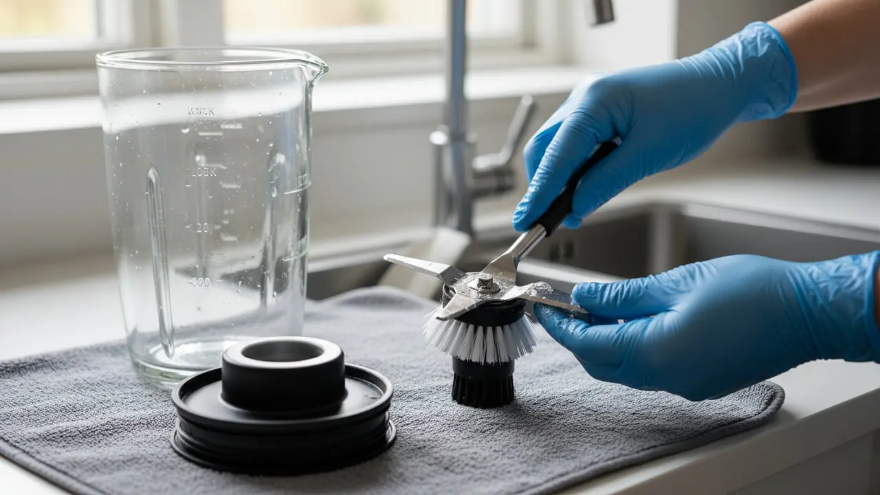 Adskilte blenderdele på klud, person rengør skærebladet forsigtigt med en børste.