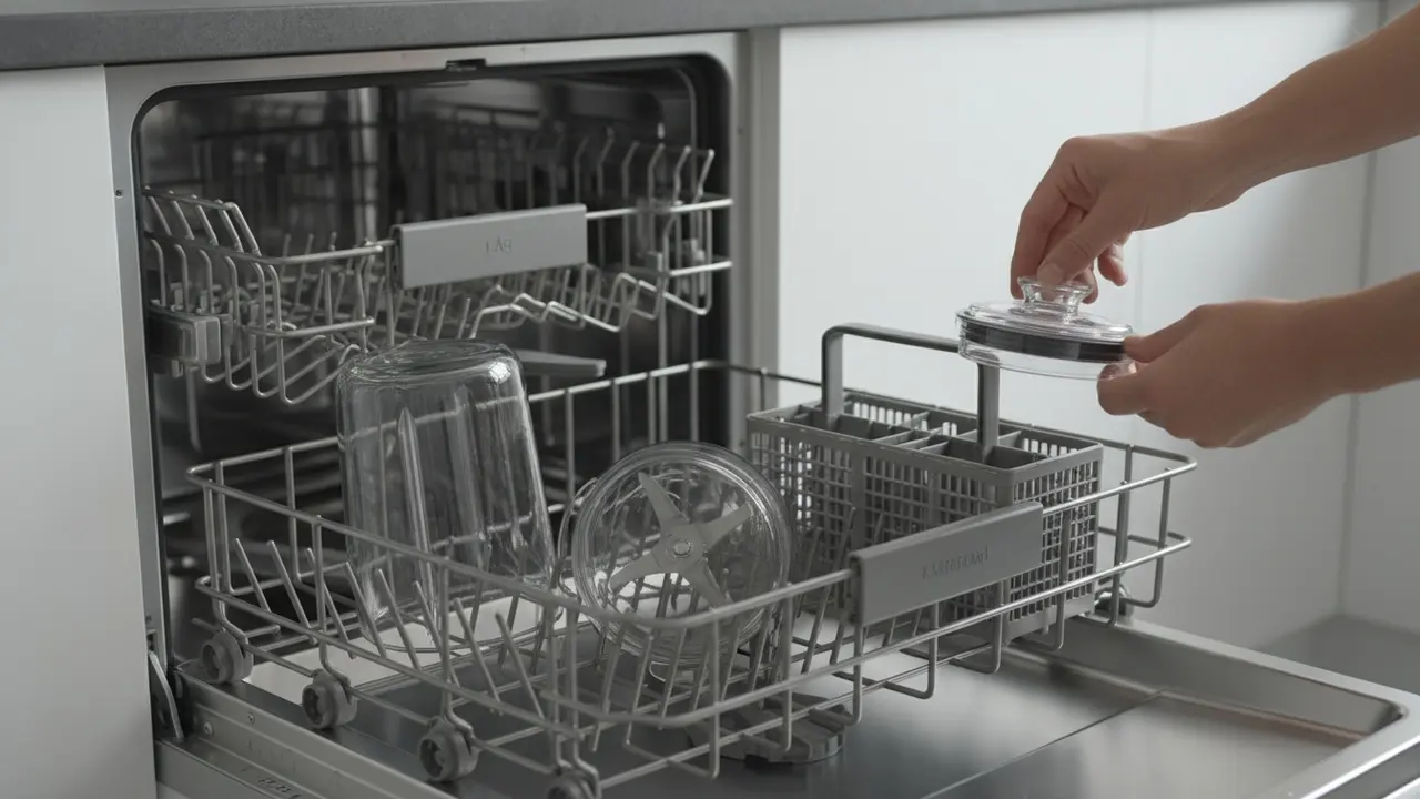 Blenderdele korrekt placeret i opvaskemaskinens kurv klar til vask.