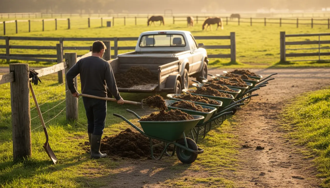 En arbejder læsser hestemøg i trillebøre og ind på en trailer foran en fold med græssende heste.