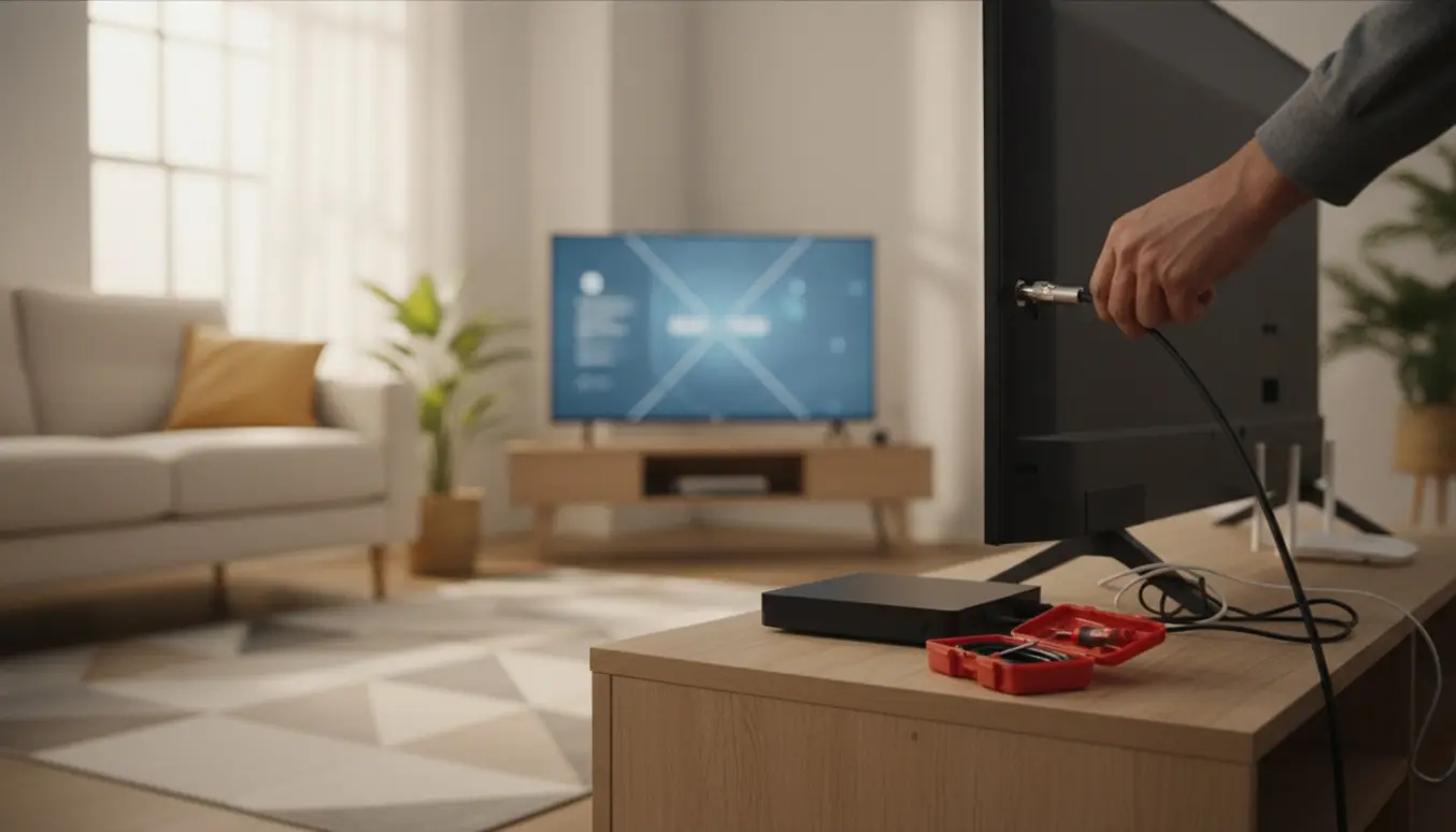 Hænder tilslutter et coax-kabel til fladskærm og set-top-boks i en lys stue under digital kanalinstallation.