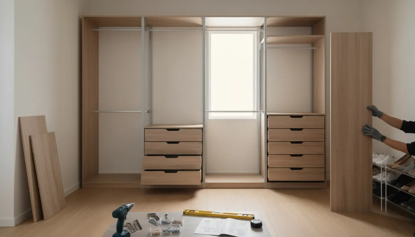 To åbne garderobeskabe under montage i et lyst walk-in med synlige skuffer, tøjstænger og værktøj.