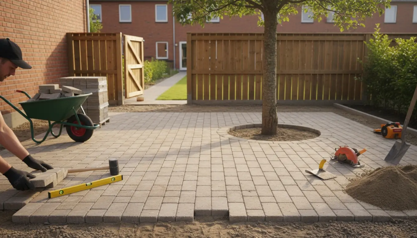 Halvfærdig fliseterrasse med Holmgaard-sten lagt rundt om et træ, værktøj og en åben baghave-låge ved et rækkehus.
