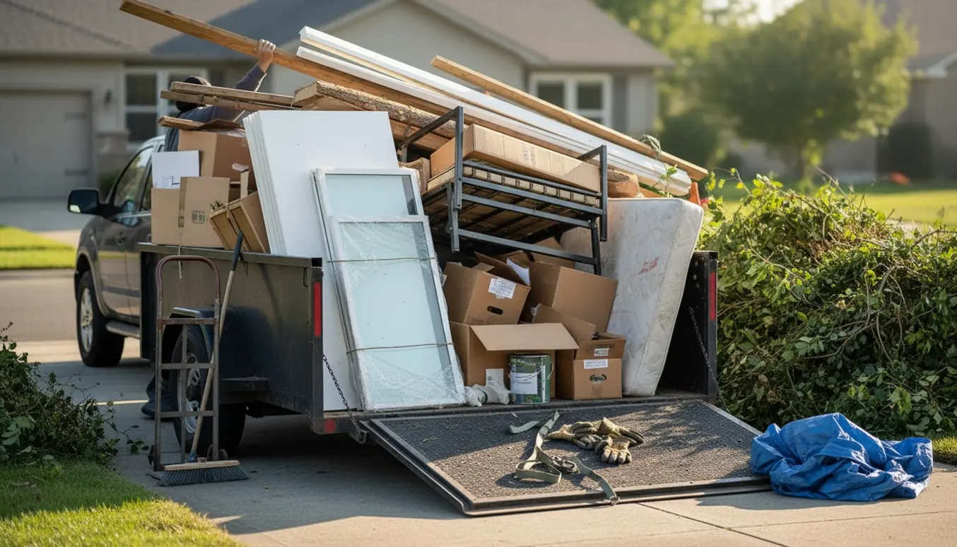 En stor åben trailer læsset med blandet flytte- og haveaffald bag en indkørsel.