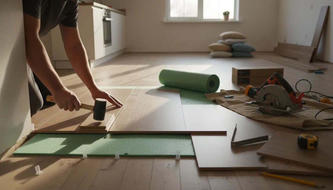 Laminatgulv lægges i åbent stue-køkken med støjdæmpende underlag, værktøj og lister klar.