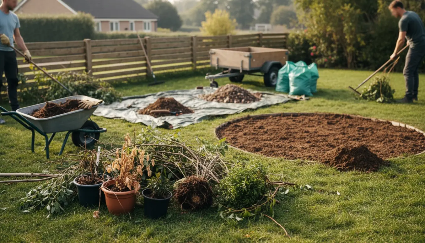 Bunker af haveaffald og jord i en baghave klar til bortskaffelse.