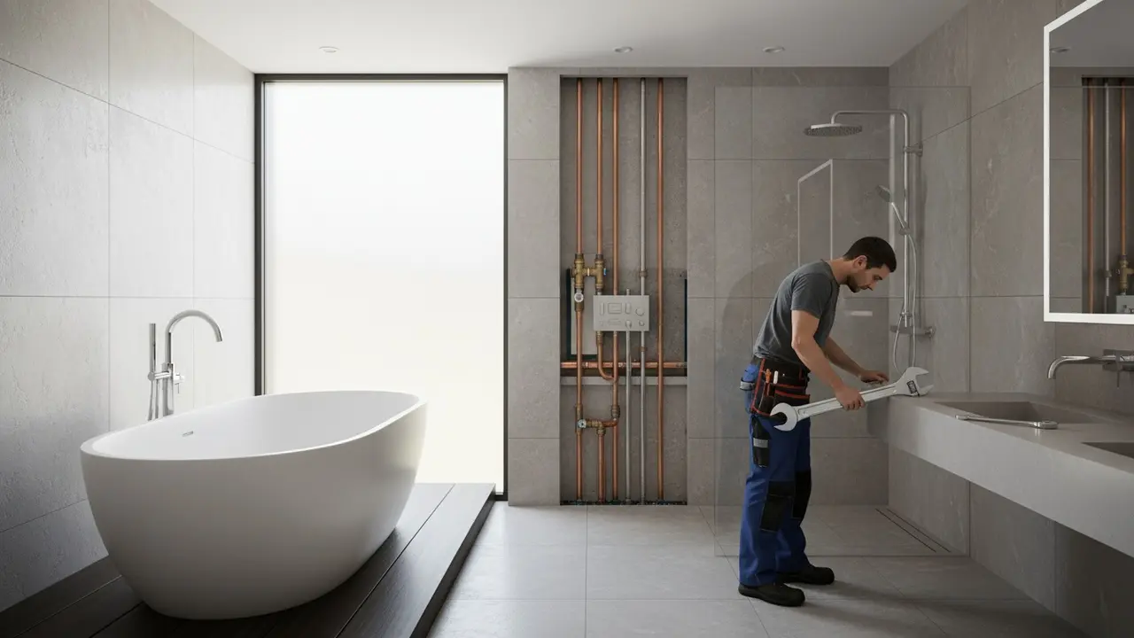Moderne badeværelse med synligt bruser, badekar og håndværker der tjekker rør