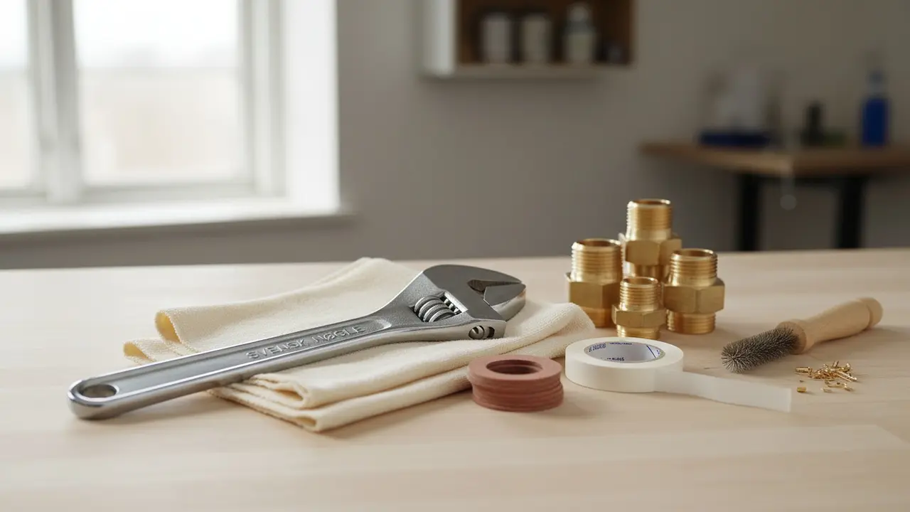 Værktøj til montering: svensknøgle, forskruninger, fiberpakninger og trådbånd på arbejdsbord