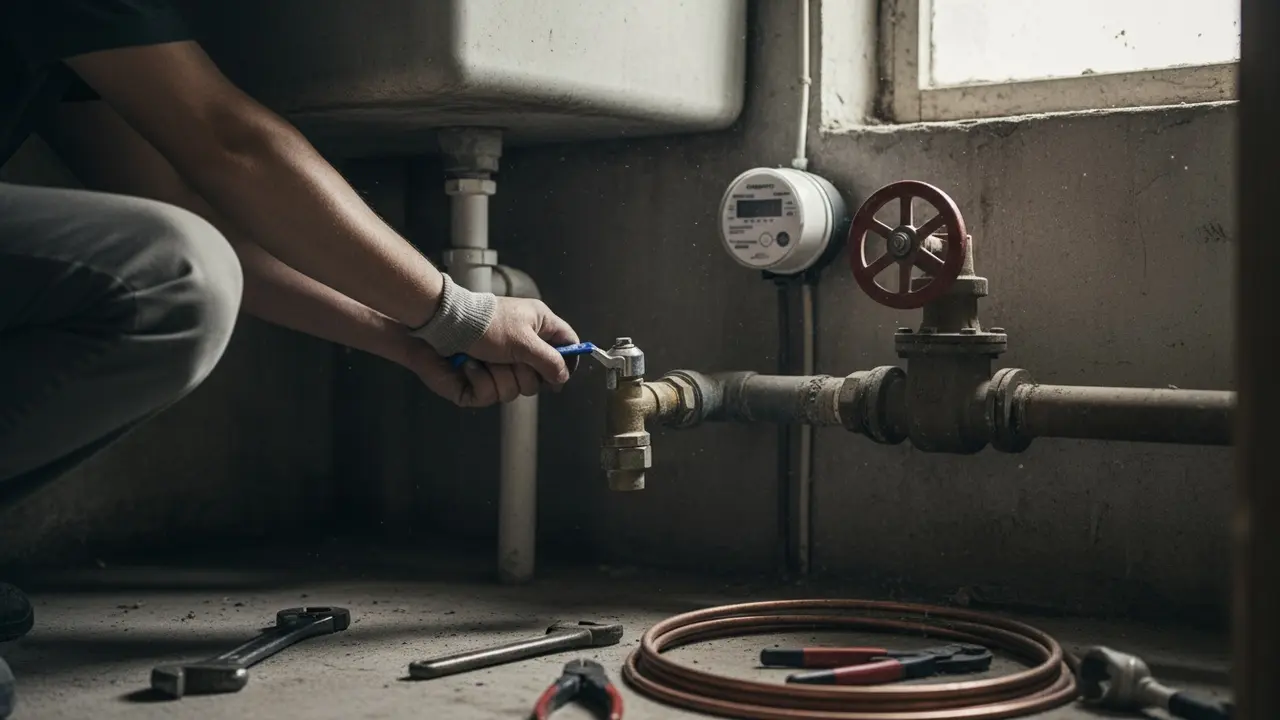 Hænder der lukker for afspærringsventilen under vasken, med vandmåler i baggrunden