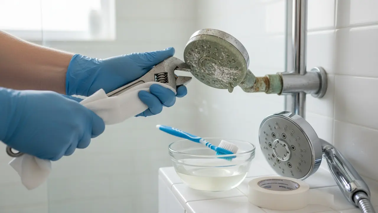 Nærbillede af udskiftning af brusehoved med svensknøgle, klud, eddike og trådbånd klar