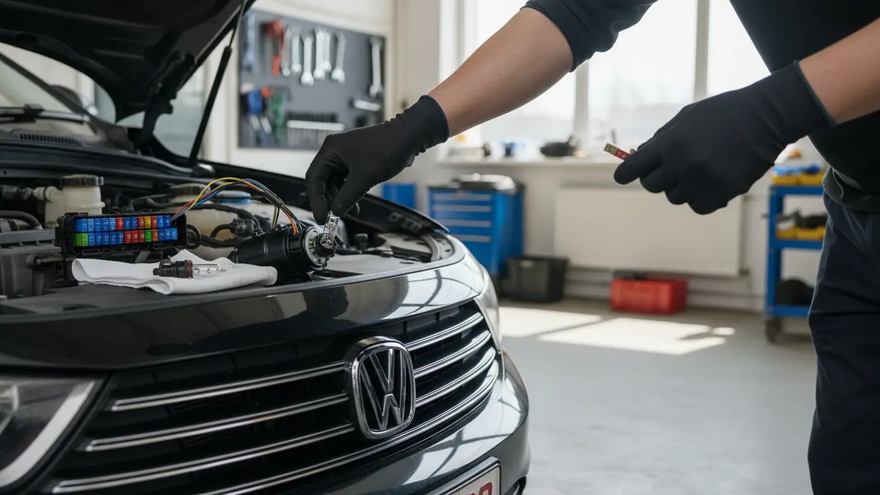 Mekaniker udskifter forlygtepære med åben motorhjelm og synligt sikringspanel i baggrunden