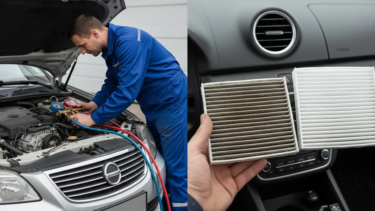 Tekniker tjekker AC-kompressor og sammenligning af snavset og nyt kabinefilter ved luftventil