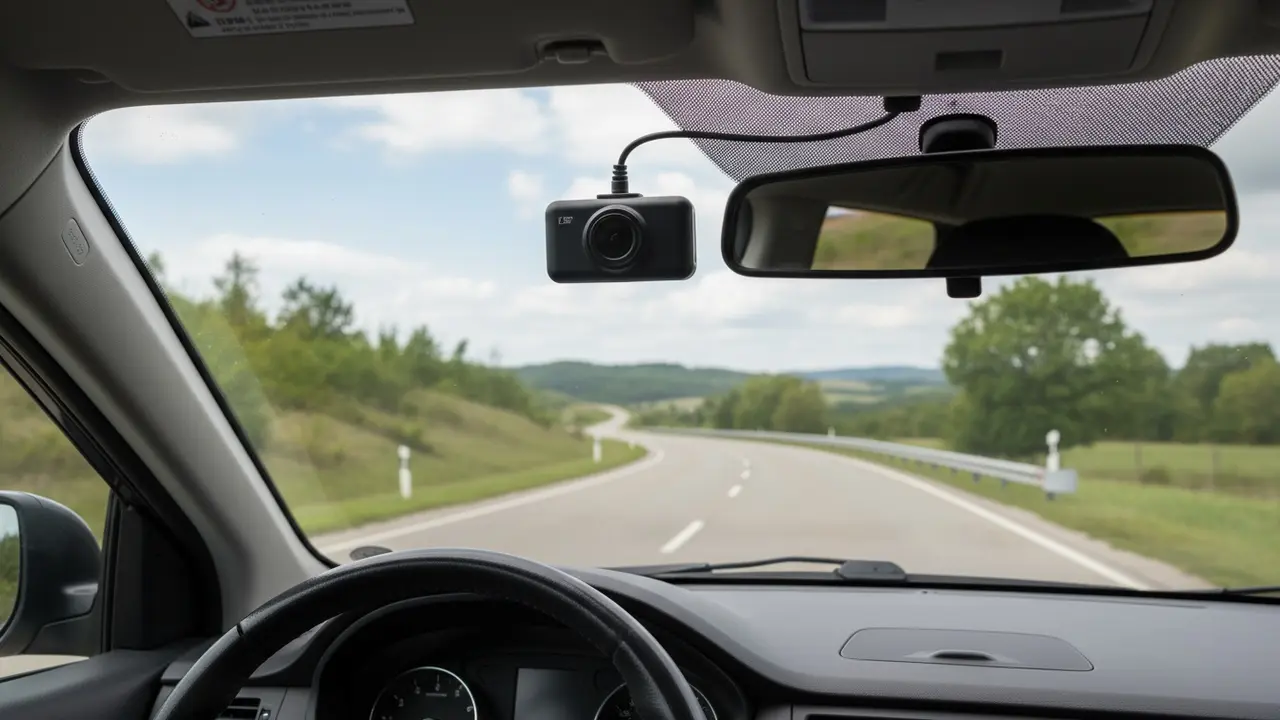 Dashcam monteret bag bakspejlet med kabel ført langs forruden ned langs A-stolpen