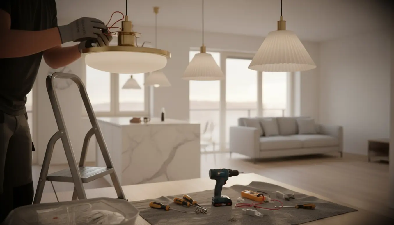 Håndværker på stige monterer en køkkenloftlampe med to plisseloftlamper synlige i stuen.