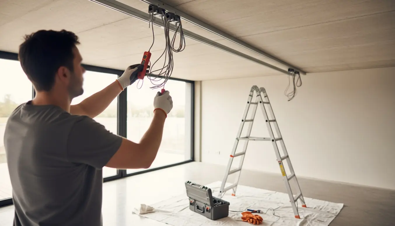 En tekniker på en høj stige afmonterer en loftsskinne og afkobler el med værktøj og værktøjskasse i forgrunden.