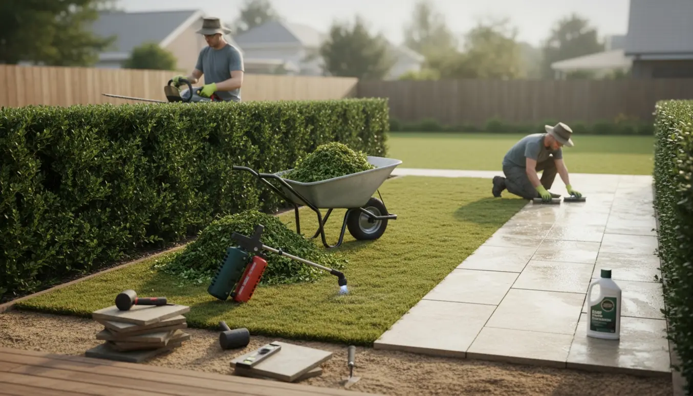 Person set bagfra klipper hæk og renser mos fra fliser med børste og rensemiddel i en baghave.
