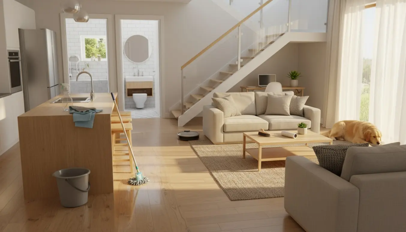 Solbelyst, nyvasket stue og køkken med rengøringsudstyr og en stor, rolig hund.