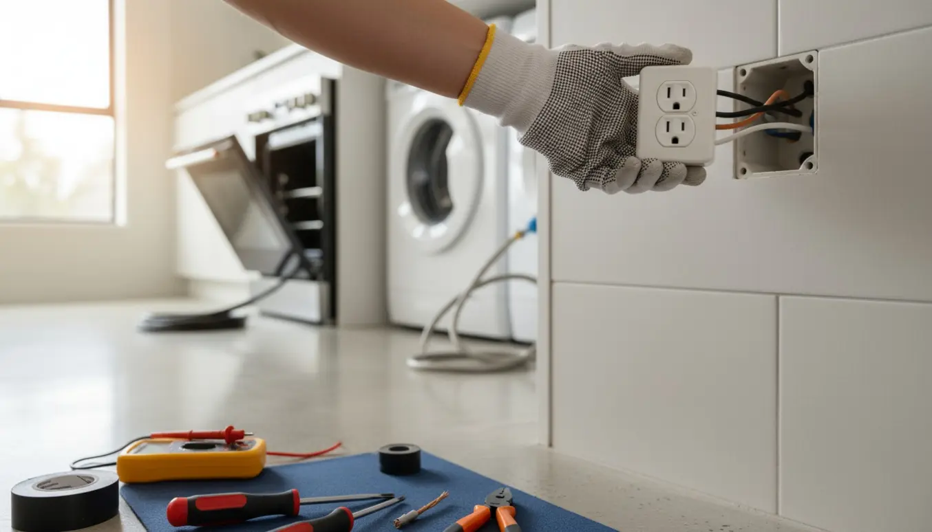Hænder udskifter en stikkontakt i et køkken med ovn og vaskemaskine i baggrunden.
