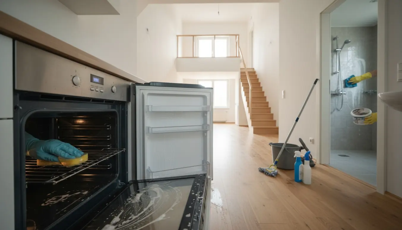 Rengøring af tom to-etagers lejlighed med ovn- og køleskabsrengøring samt afkalkning af badeværelse.