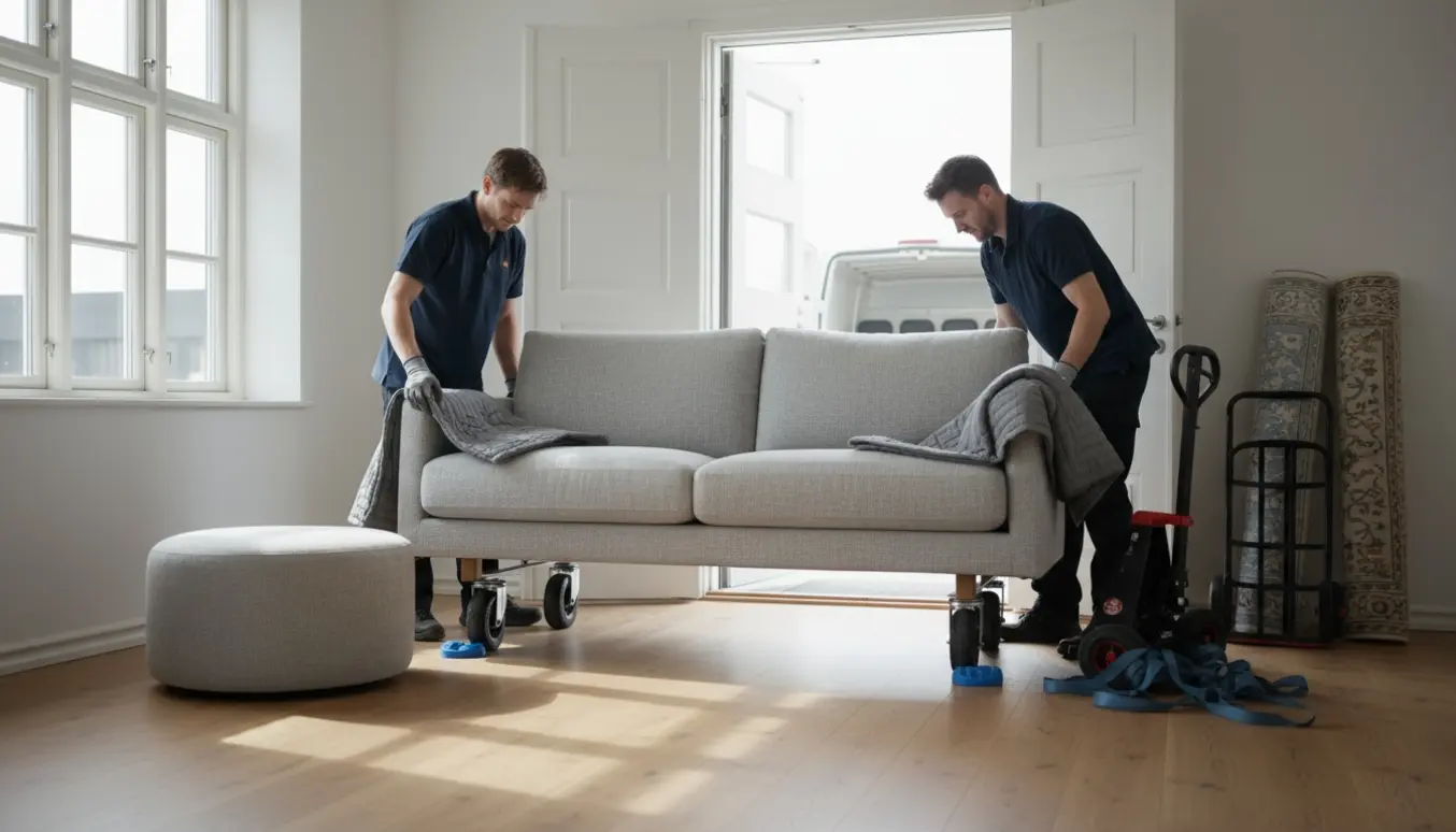 Bolia 3-personers sofa løftes på en flyttedolly i en lys stue med puf og to rullede tæpper.