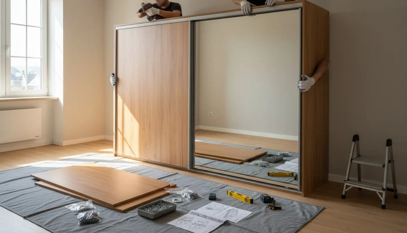 Montage af et stort skab med skydelåger i et lyst soveværelse, en person holder en spejldør mens en anden fastgør skinner med en lille bore-/skruemaskine.