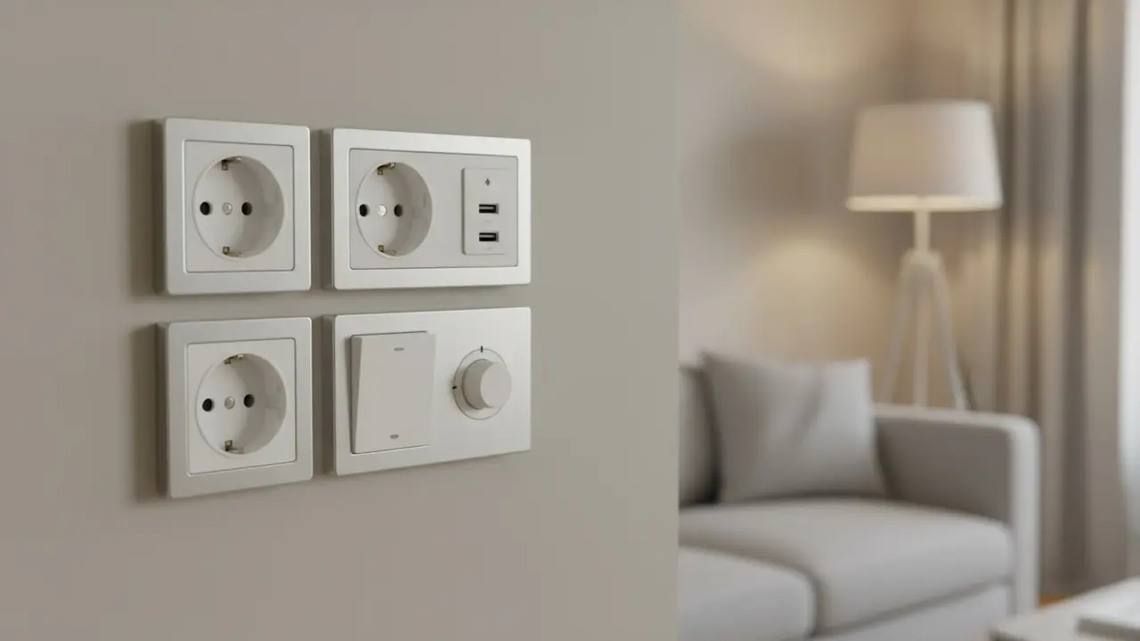 Nærbillede af forskellige vægkontakter og stikkontakter i et moderne hjem