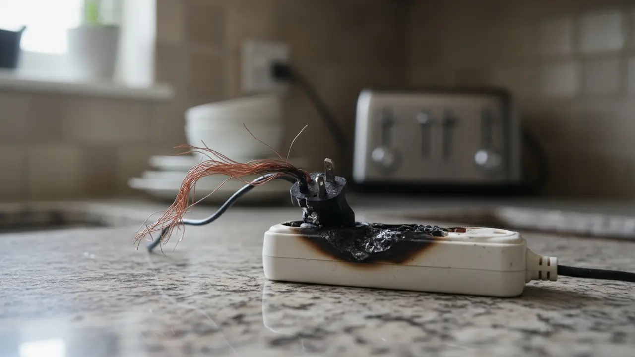 Farlig el-forlænger med smeltede dele og blottede ledninger som brandrisiko