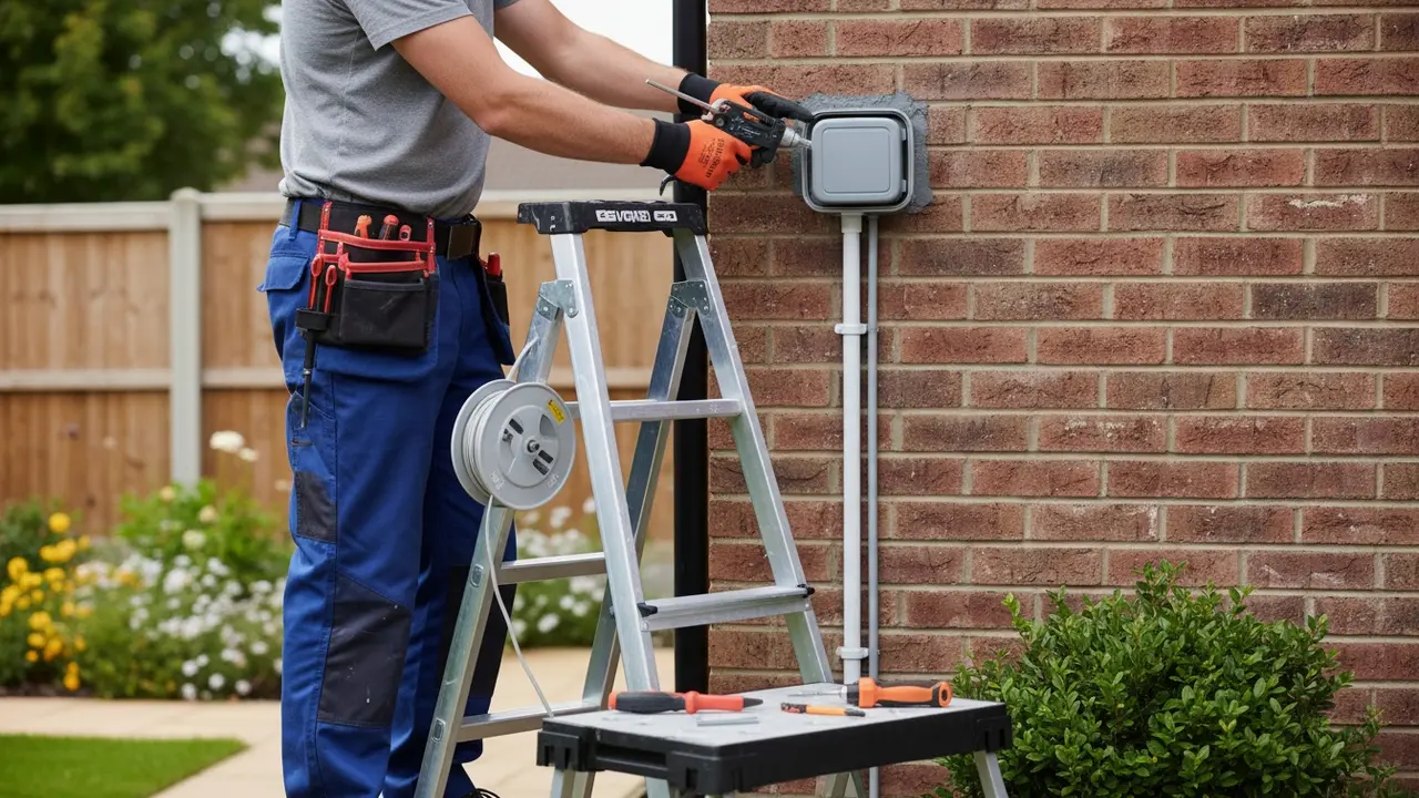 El-installatør monterer en udendørs, vandtæt stikkontakt og forsegler samlinger