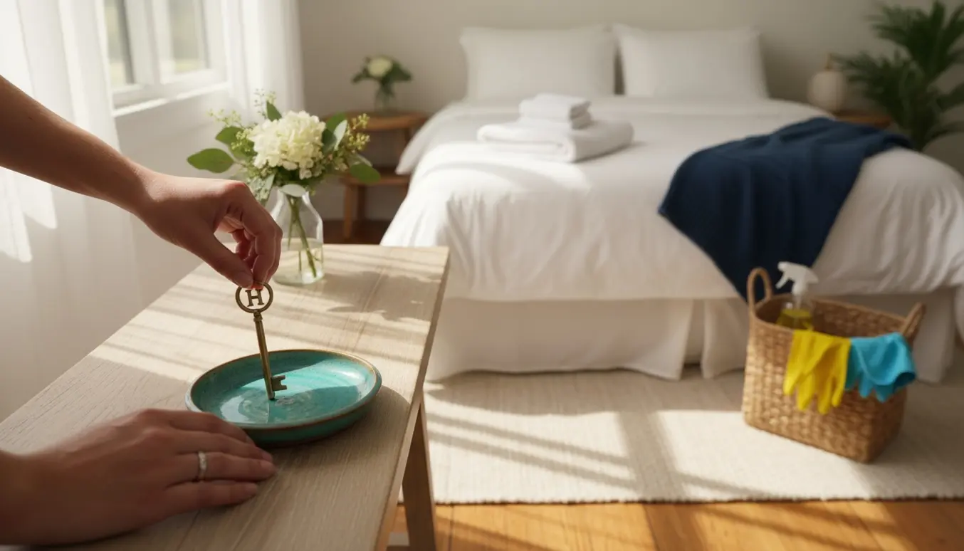 Hænder placerer en nøgle i en skål i en nyopryddet og rengjort ferielejlighed med redt seng og rengøringsudstyr.