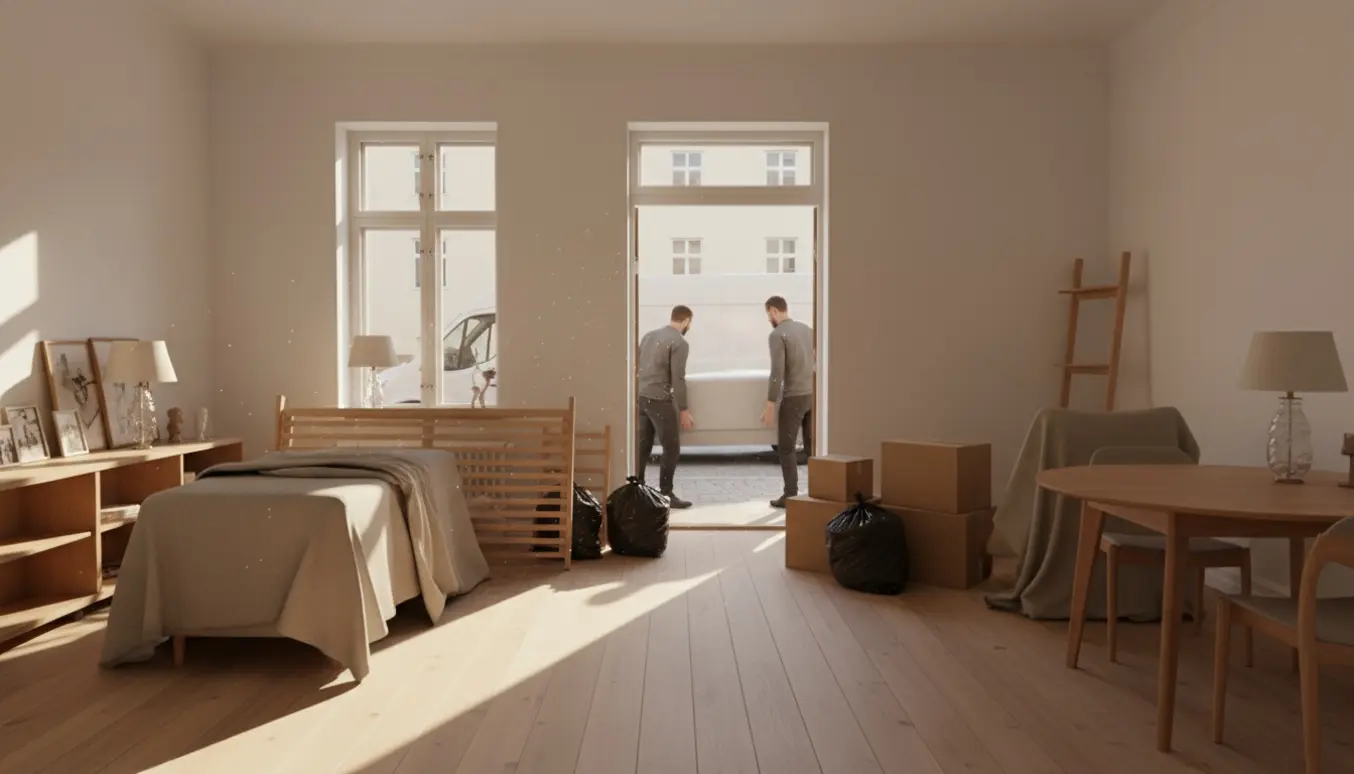 Flyttefolk bærer møbler ud af en lys, ryddet lejlighed med kasser og affaldsposer klar til afhentning.